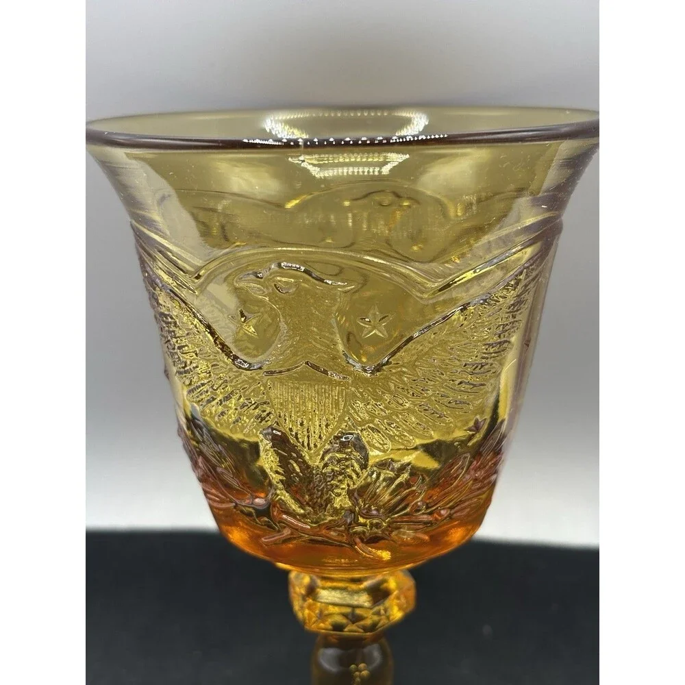 Vintage L E Smith amber glass American Eagle Goblet Bicentennial Americana MCM